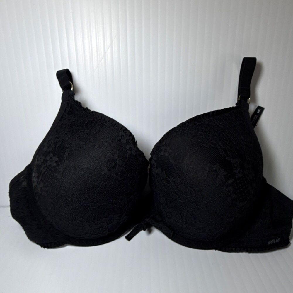 Aerie Real Good Black Lace Floral Plunge Bra Adjustable Straps 38C NWT